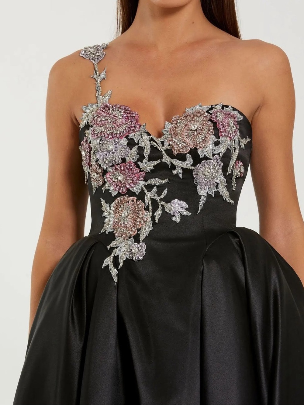 Mac Duggal 11955 Black Satin One-Shoulder Midi Dress with Beaded Flowers Size 10 - Picture 2 of 11